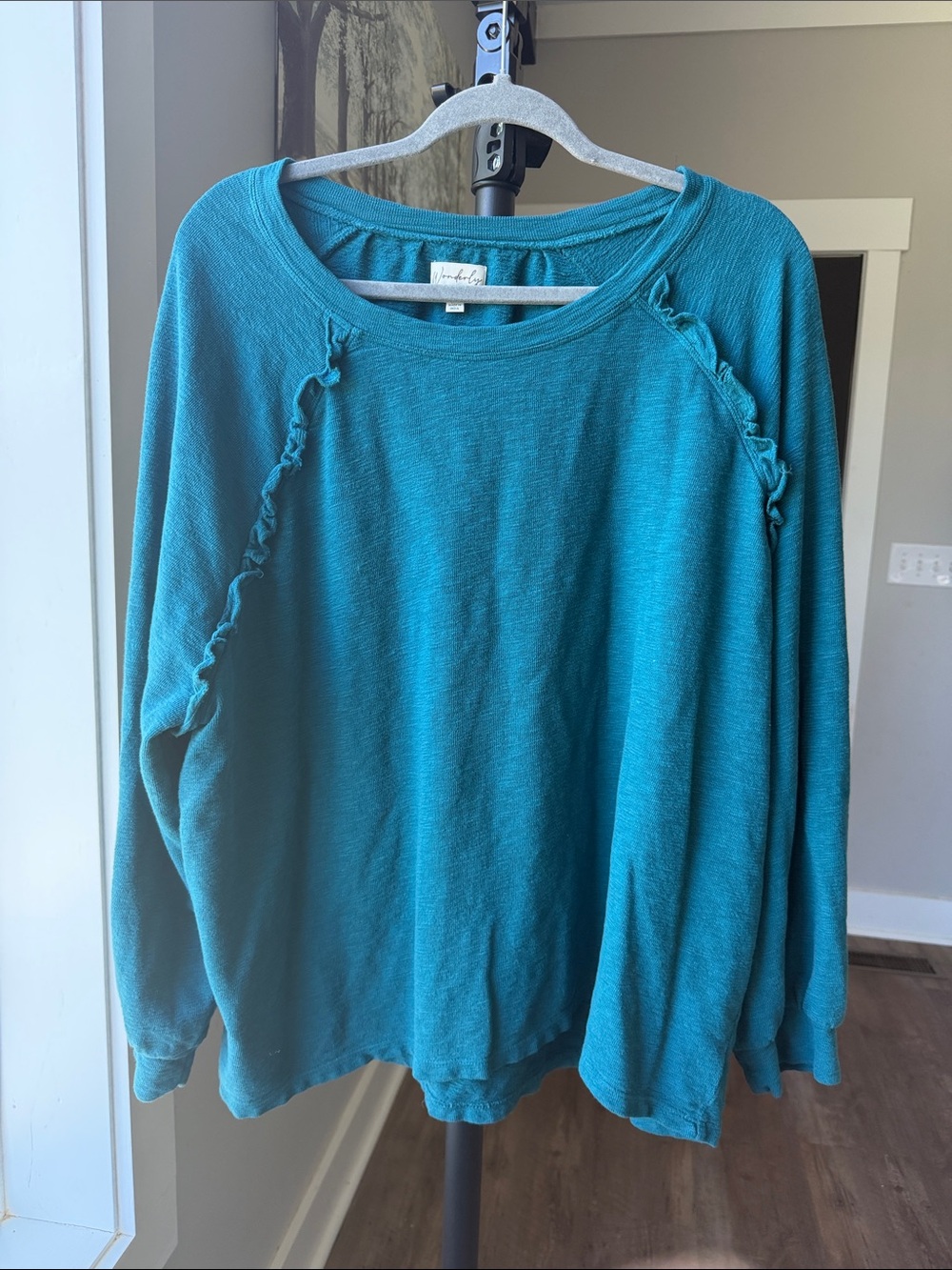 Wonderly Teal Ruffle-Trim Raglan Sweatshirt